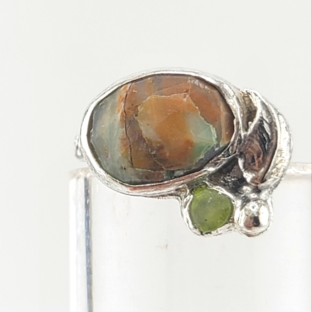 PERUVIAN OPAL & CRYSTAL LEAF RING HANDMADE IN STERLING SILVER METAL 5 - Picture 3 of 7